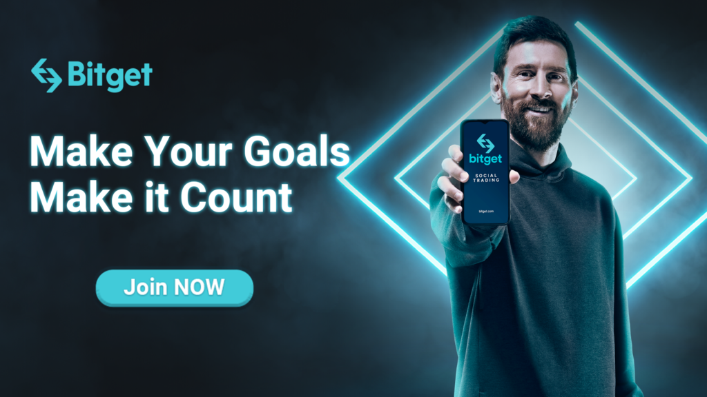 Lionel Messi holding mobile phone with bitget logo