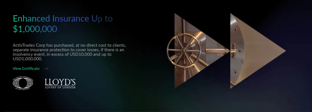 ActivTrades Corp has purchased, at no direct cost to clients, separate insurance protection to cover losses, if there is an insolvency event, in excess of USD10,000 and up to USD1,000,000.