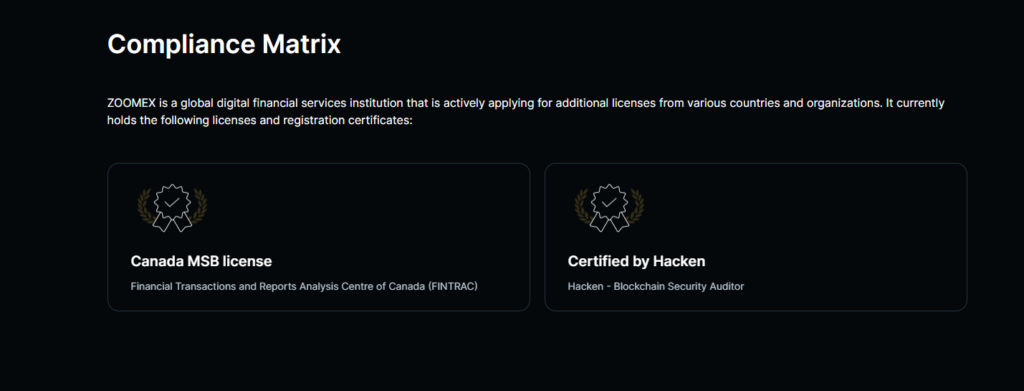 Zoomex Compliance Matrix