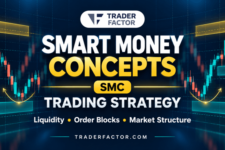 TraderFactor Smart Money Concepts (SMC) trading strategy graphic with candlestick charts highlighting liquidity, order blocks, and market structure.