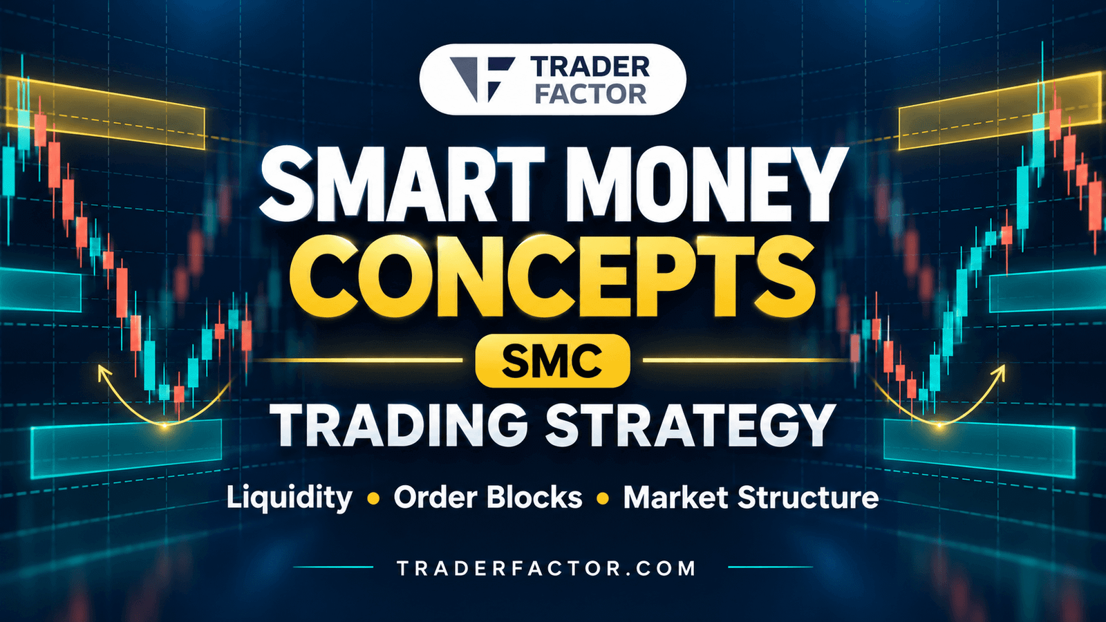 TraderFactor Smart Money Concepts (SMC) trading strategy graphic with candlestick charts highlighting liquidity, order blocks, and market structure.