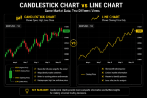 Image 3: Candlestick Chart vs Line Chart Split-screen comparison Same market data displayed in both formats ALT Text: Candlestick chart compared with line chart in forex trading