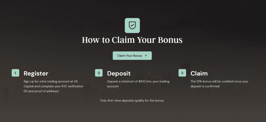 VS Capital & TraderFactor offer traders an exclusive 10% deposit bonus. Start trading with more power and confidence. Sign up now to claim your bonus!