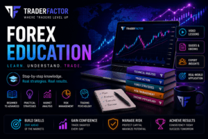 TraderFactor Forex Education banner featuring online Forex courses, technical analysis, trading strategies, risk management, trading psychology, educational resources, and financial market learning tools.