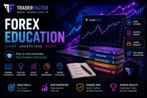 TraderFactor Forex Education banner featuring online Forex courses, technical analysis, trading strategies, risk management, trading psychology, educational resources, and financial market learning tools.