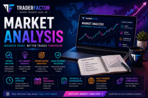 TraderFactor Market Analysis banner featuring Forex market charts, technical analysis, trading insights, market trends, financial data, and expert daily market analysis.