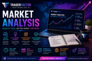 TraderFactor Market Analysis banner featuring Forex market charts, technical analysis, trading insights, market trends, financial data, and expert daily market analysis.