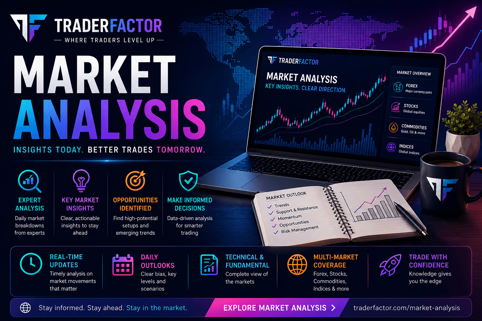 TraderFactor Market Analysis banner featuring Forex market charts, technical analysis, trading insights, market trends, financial data, and expert daily market analysis.