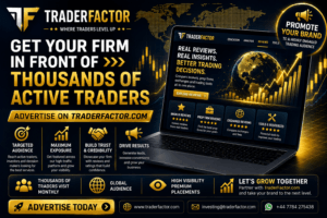 TraderFactor advertising banner promoting financial marketing opportunities, premium brand exposure, broker reviews, and targeted advertising to thousands of active traders worldwide.