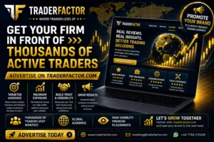 TraderFactor advertising banner promoting financial marketing opportunities, premium brand exposure, broker reviews, and targeted advertising to thousands of active traders worldwide.