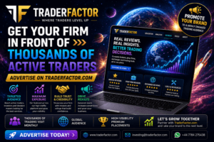 TraderFactor advertising banner promoting financial marketing opportunities, premium brand exposure, broker reviews, and targeted advertising to thousands of active traders worldwide.