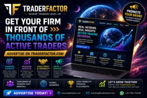 TraderFactor advertising banner promoting financial marketing opportunities, premium brand exposure, broker reviews, and targeted advertising to thousands of active traders worldwide.