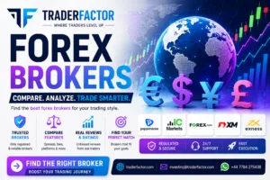 Best Forex Brokers 2026 comparison banner featuring global currency symbols, regulated Forex brokers, broker reviews, trading charts, and the TraderFactor logo.