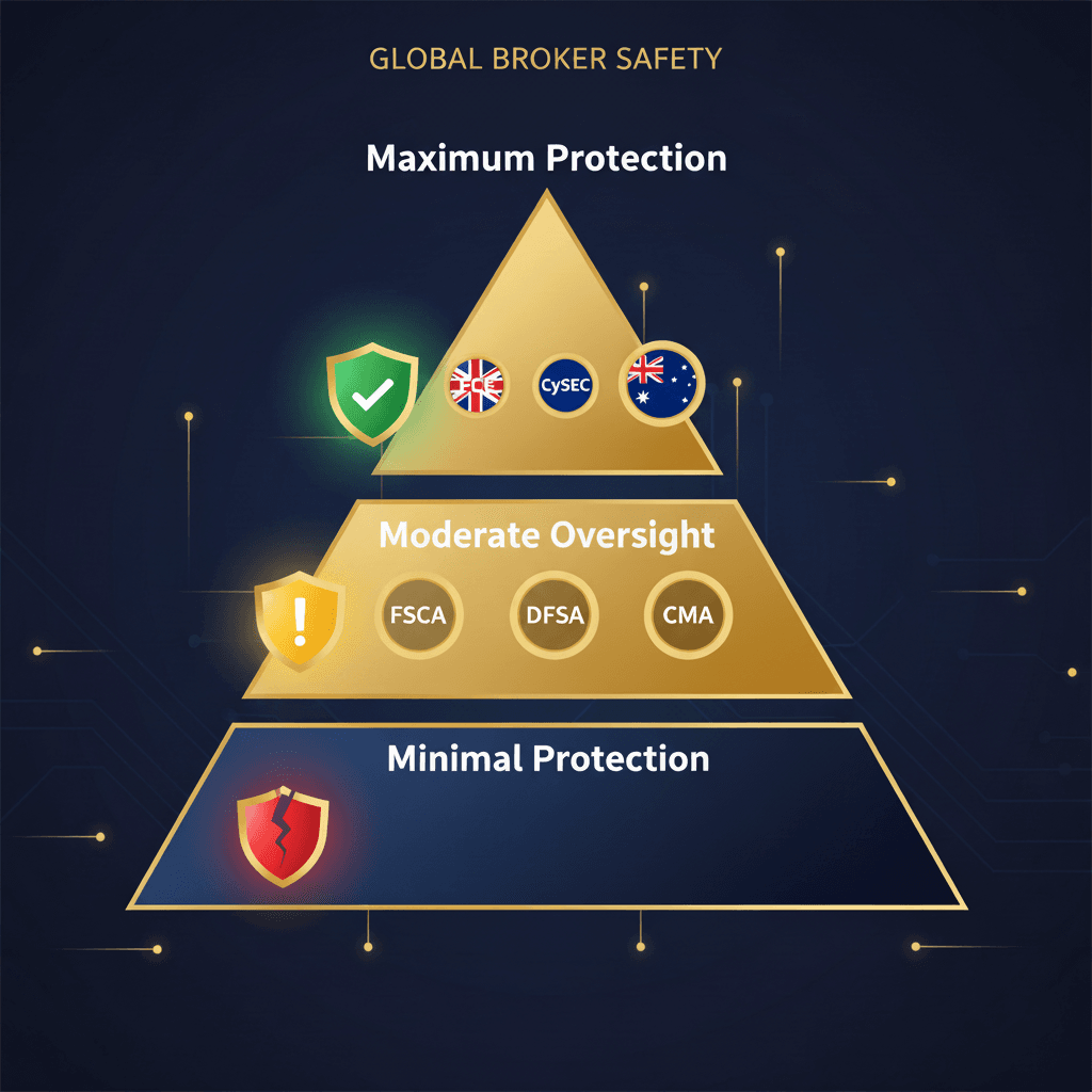 Three-tier pyramid infographic showing forex broker regulation levels: Tier 1 with FCA, CySEC, ASIC (maximum protection); Tier 2 with FSCA, DFSA, CMA (moderate oversight); Tier 3 with offshore regulators like FSA Seychelles and VFSC Vanuatu (minimal protection). Color-coded shields indicate safety levels.
