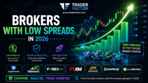 TraderFactor banner featuring the best low spread Forex brokers in 2026, trading charts, currency symbols, tight spreads, fast execution, and trusted broker comparisons.