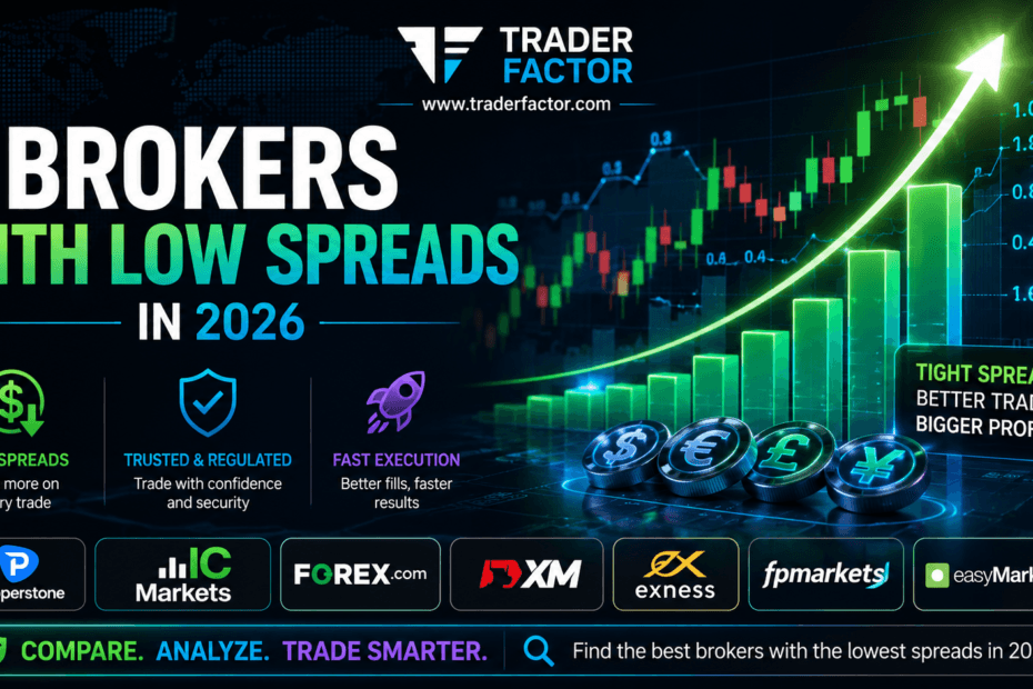 TraderFactor banner featuring the best low spread Forex brokers in 2026, trading charts, currency symbols, tight spreads, fast execution, and trusted broker comparisons.