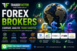 Best Forex Brokers 2026 comparison banner featuring global currency symbols, regulated Forex brokers, broker reviews, trading charts, and the TraderFactor logo.