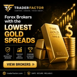 TraderFactor banner promoting the best forex brokers with the lowest gold spreads featuring gold bars, trading charts, and regulated broker comparison.