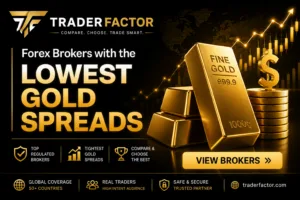 TraderFactor banner promoting the best forex brokers with the lowest gold spreads featuring gold bars, trading charts, and regulated broker comparison.