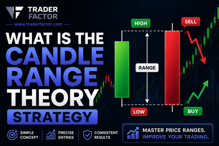 TraderFactor thumbnail explaining the Candle Range Theory Strategy with illustrated bullish and bearish candlesticks, price range visualization, and buy and sell signals for forex trading.