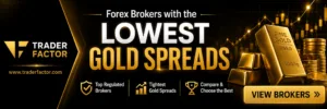 TraderFactor banner promoting the best forex brokers with the lowest gold spreads featuring gold bars, trading charts, and regulated broker comparison.