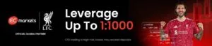 EC Markets and Liverpool FC promotional banner highlighting leverage up to 1:1000, official global partnership, and forex and CFD trading services.