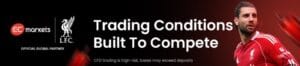 EC Markets and Liverpool FC promotional banner highlighting competitive trading conditions, official global partnership, and CFD trading services.