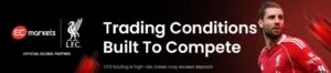 EC Markets and Liverpool FC promotional banner highlighting competitive trading conditions, official global partnership, and CFD trading services.