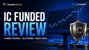 IC Funded review featuring funded trading platforms, profit split information and a trading chart