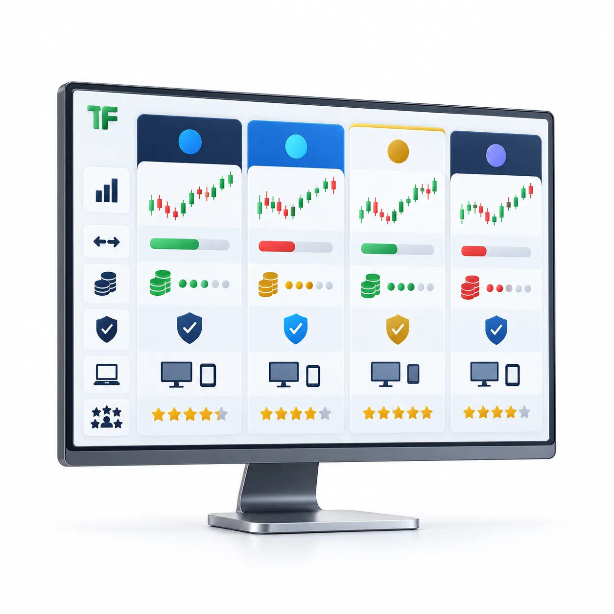 TraderFactor broker comparison dashboard showing regulation checks, trading fees, platforms and user ratings