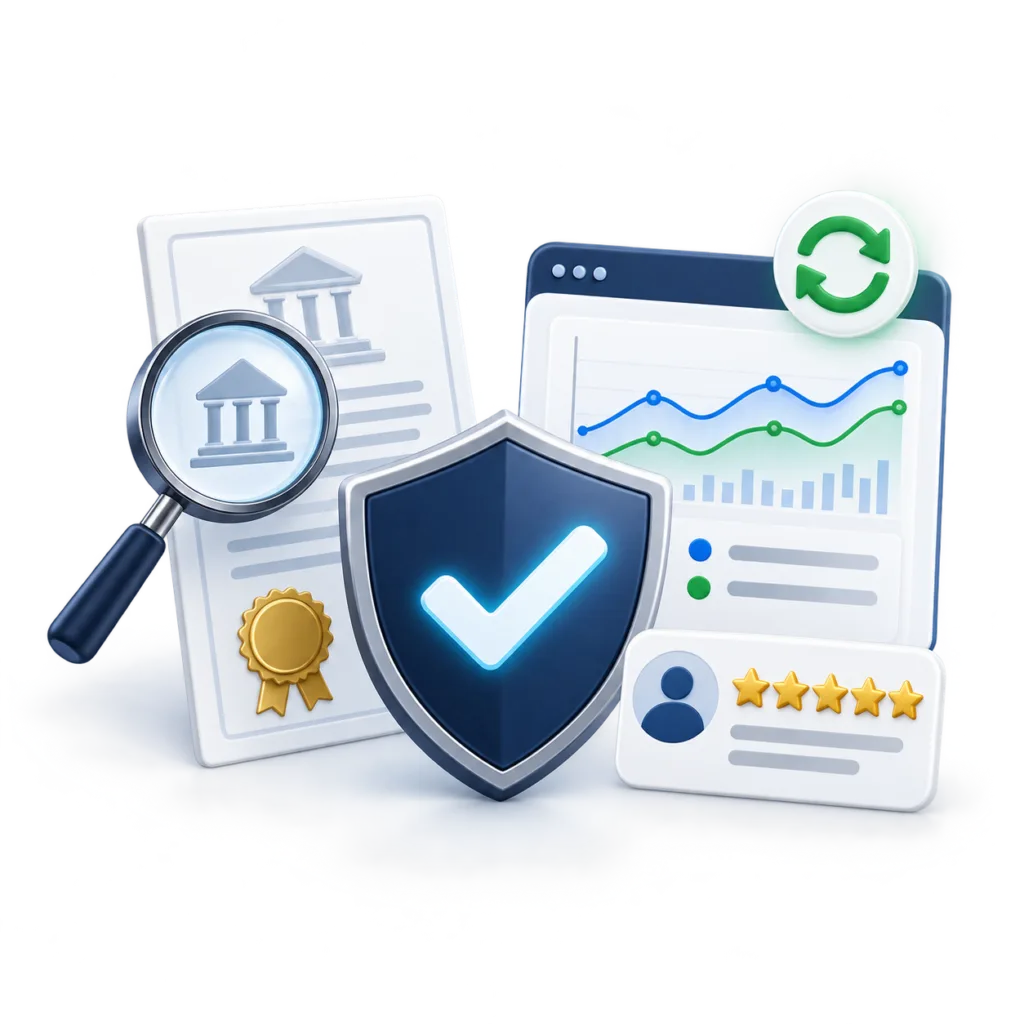 TraderFactor trust illustration showing broker regulation verification, market data analysis and user ratings