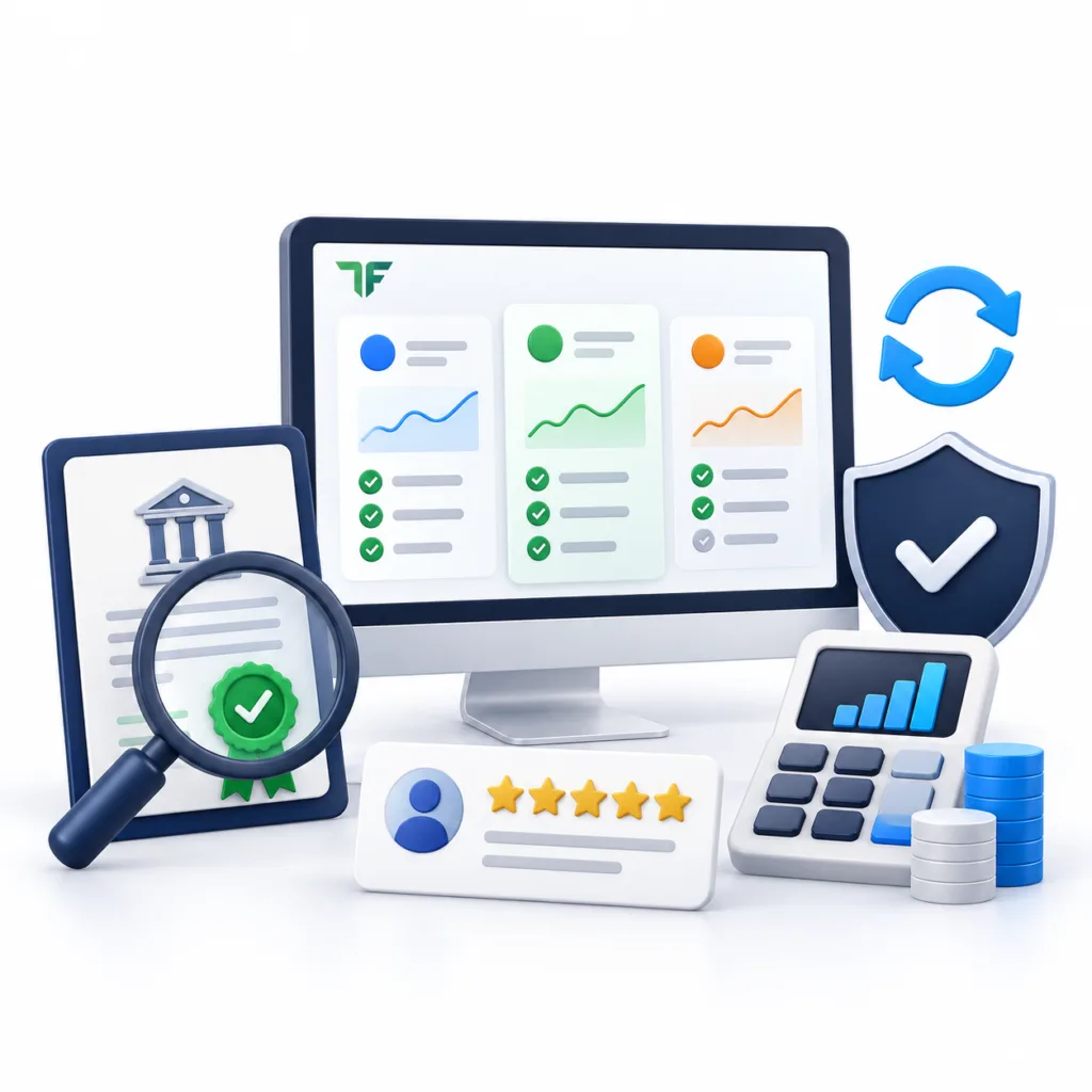 TraderFactor research illustration showing broker comparisons, regulation verification, trading-cost analysis and user ratings