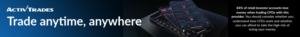 ActivTrades banner reading “Trade anytime, anywhere,” featuring smartphones displaying the ActivTrader platform and a CFD risk warning.