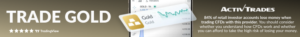 ActivTrades “Trade Gold” banner featuring a gold price chart, a gold trading icon and a CFD risk warning.